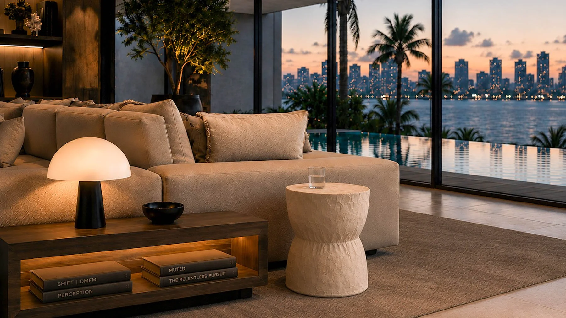 Paper-wrapped Synched concrete drum positioned beside a sectional sofa inside a contemporary Miami waterfront residence overlooking the bay at sunset. action:wrapped