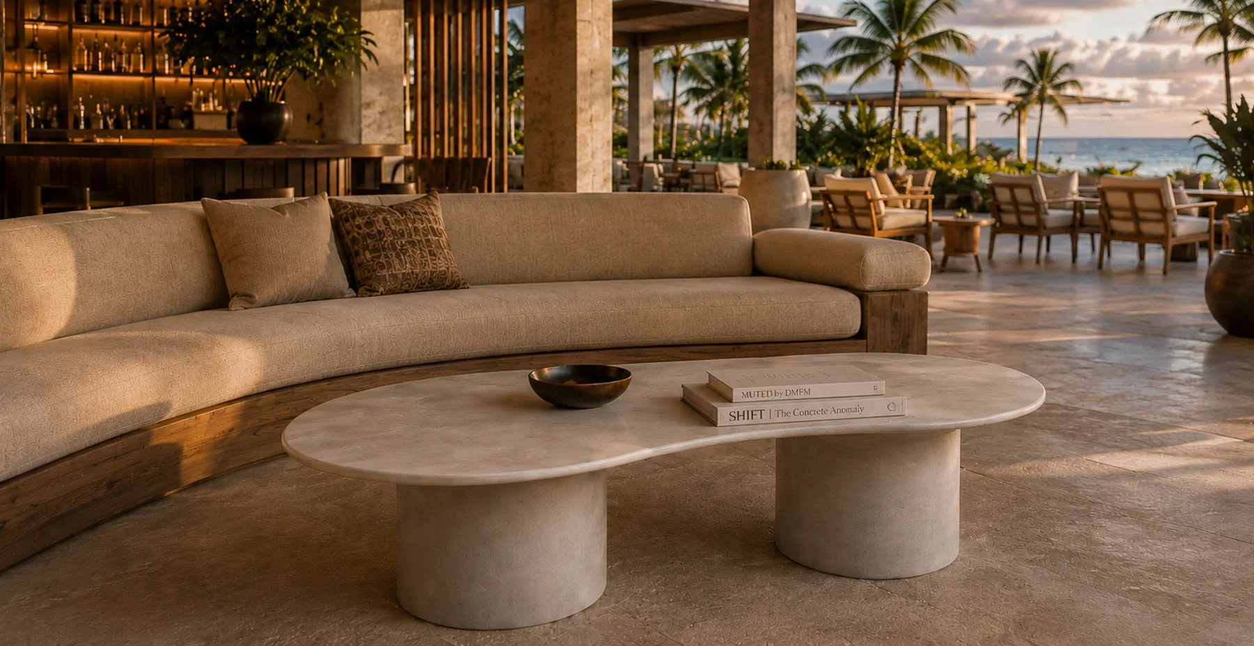OVALATION ONE cast mineral coffee table in a luxury beach resort club lounge with curved seating, ocean views, and warm hospitality architecture.
