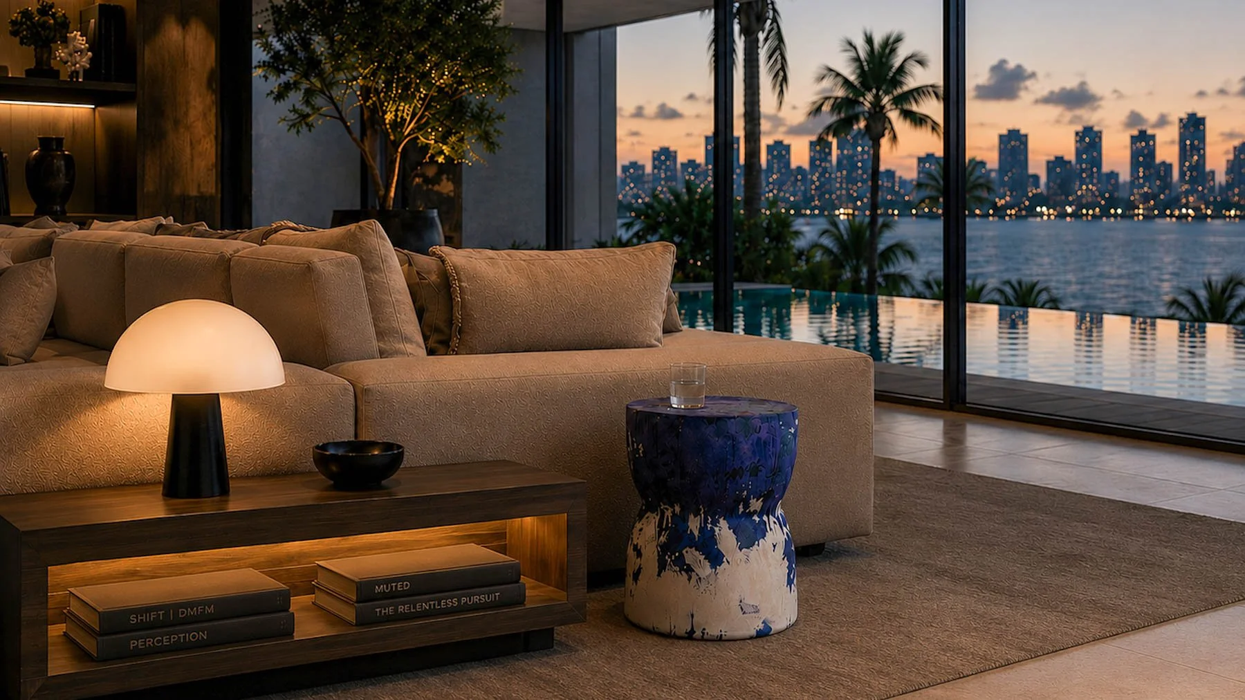 Contemporary Synched concrete drum side table positioned beside a sectional sofa inside an ultra-modern Star Island Miami residence overlooking Biscayne Bay at sunset.