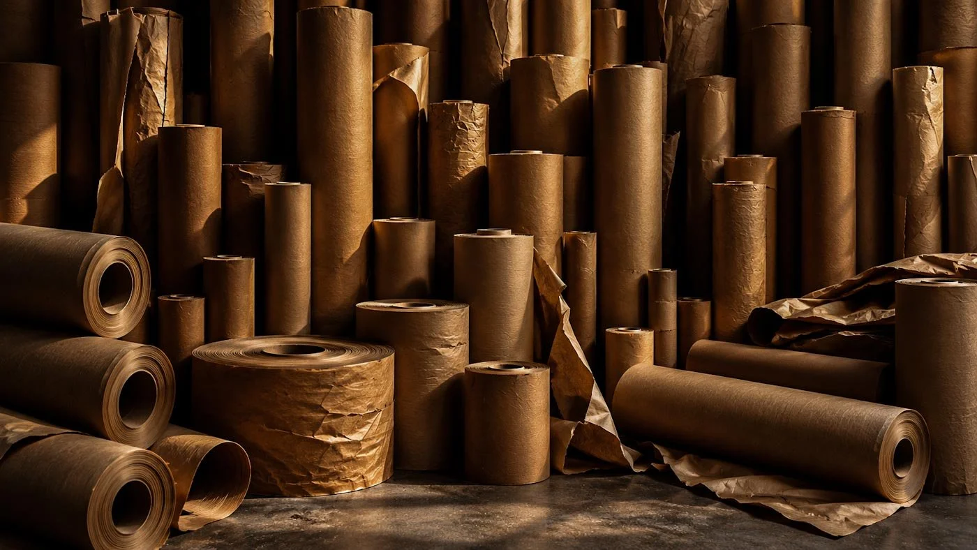 Raw kraft paper rolls representing evolving concrete material conditions and studio R&D