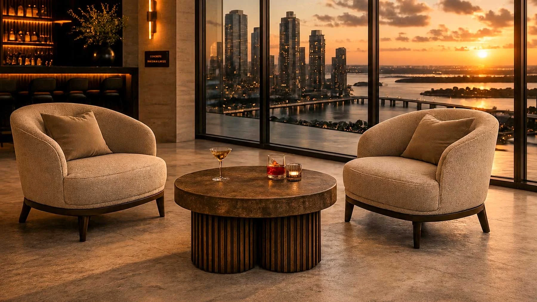 Architectural concrete drum from The Concrete Anomaly shown within a luxury hospitality environment, illustrating shape as a vessel for evolving conditions.