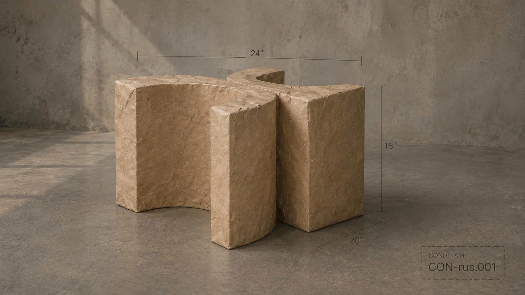 Paper-wrapped sculptural side table with dimensional markings and development sketches.