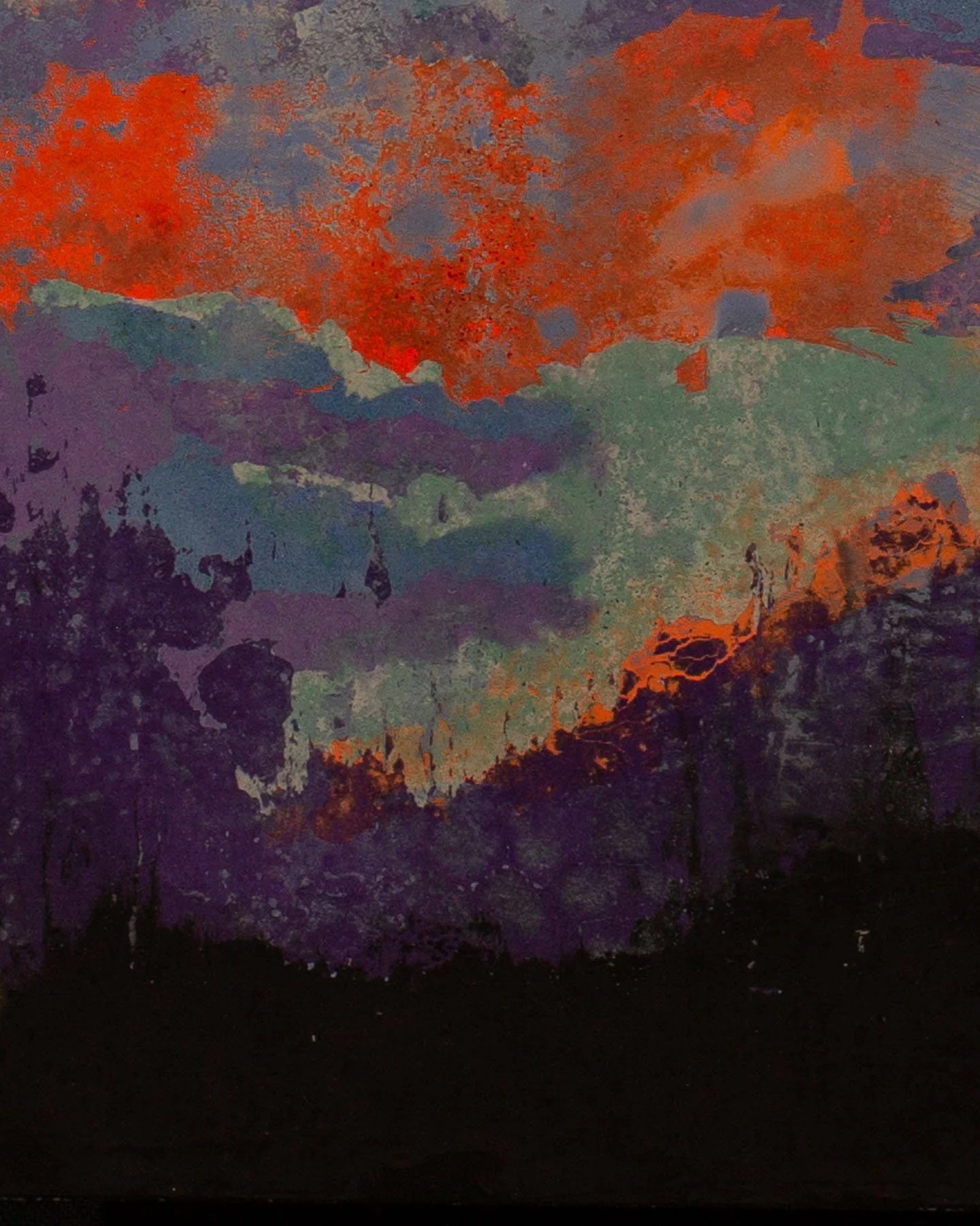 Pigmented concrete artifact surface with layered orange, green, and black mineral textures