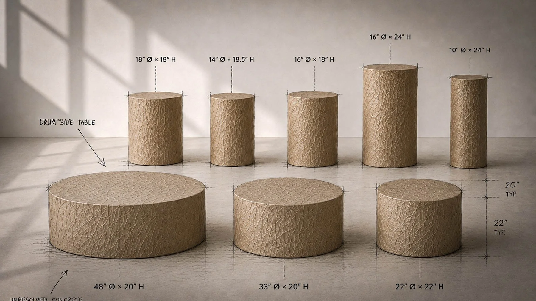 Paper-wrapped drum collection showing available cylindrical concrete forms awaiting future condition development through The Concrete Anomaly Program.