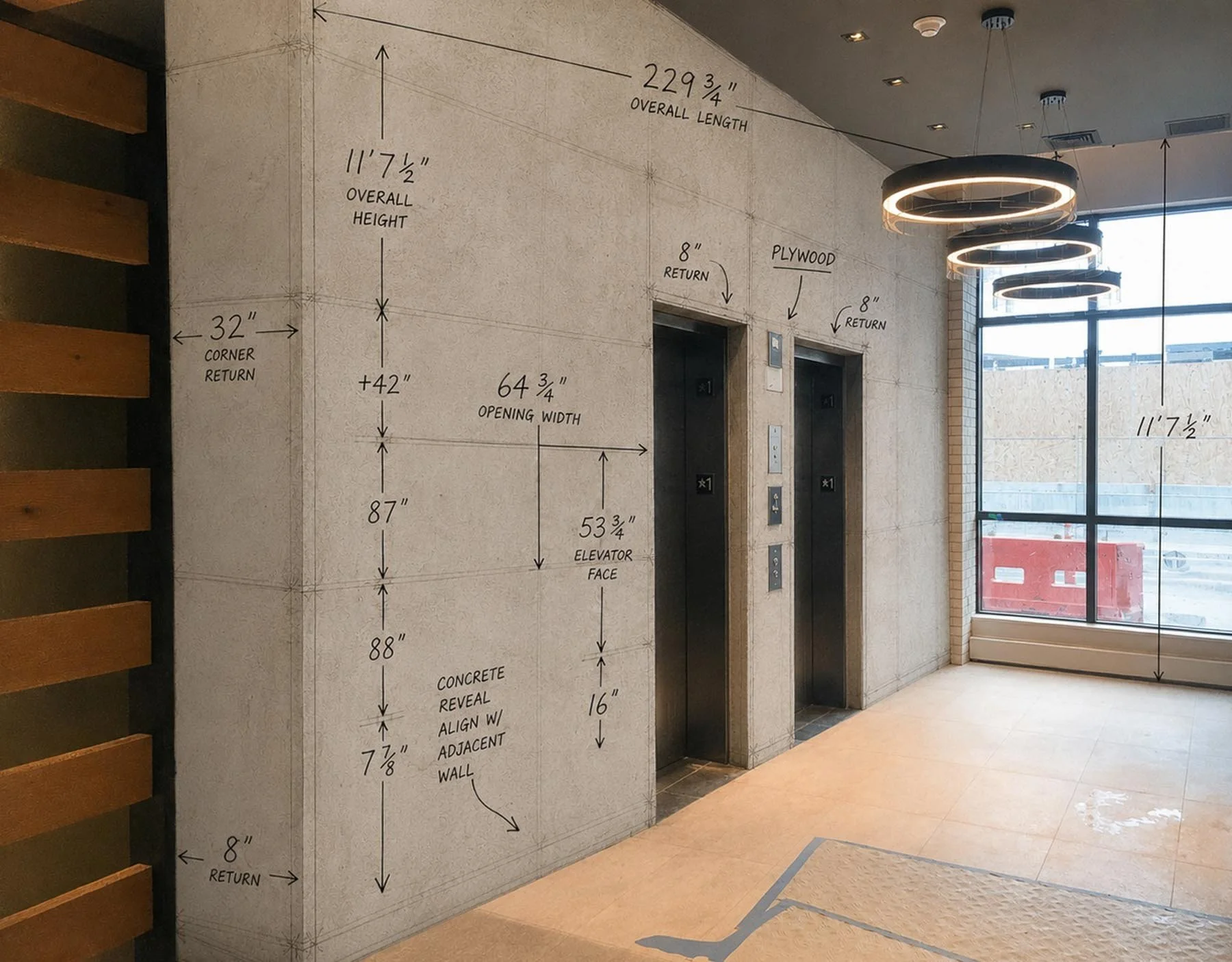 Architectural concrete elevator surround paper wrapped development study showing dimensions, corner conditions, and fabrication notes over a custom concrete wall system. action:wrapped