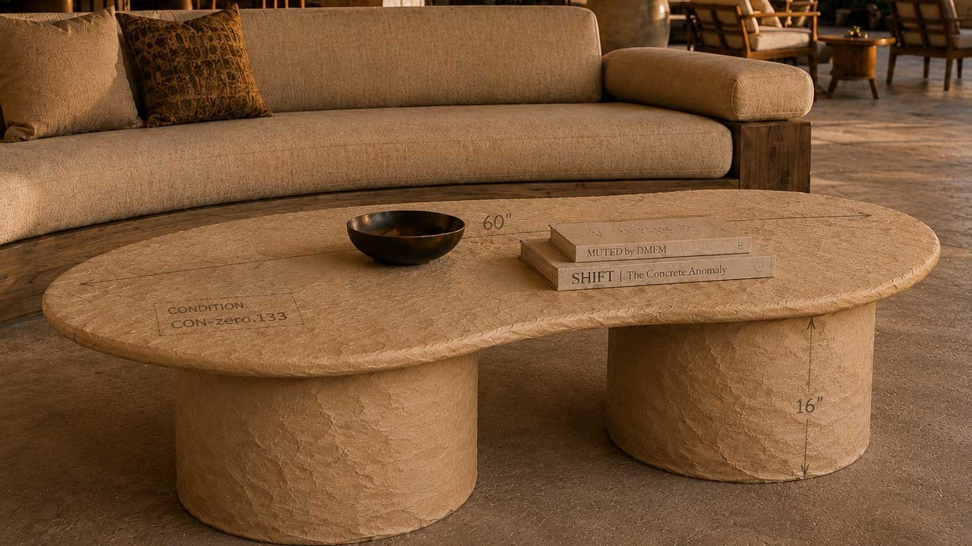 Paper-wrapped OVALATION coffee table displayed in a luxury hospitality setting, showing conceptual development notes, dimensions, and CONDITION CON-zero.133 within The Concrete Anomaly PROGRAM.