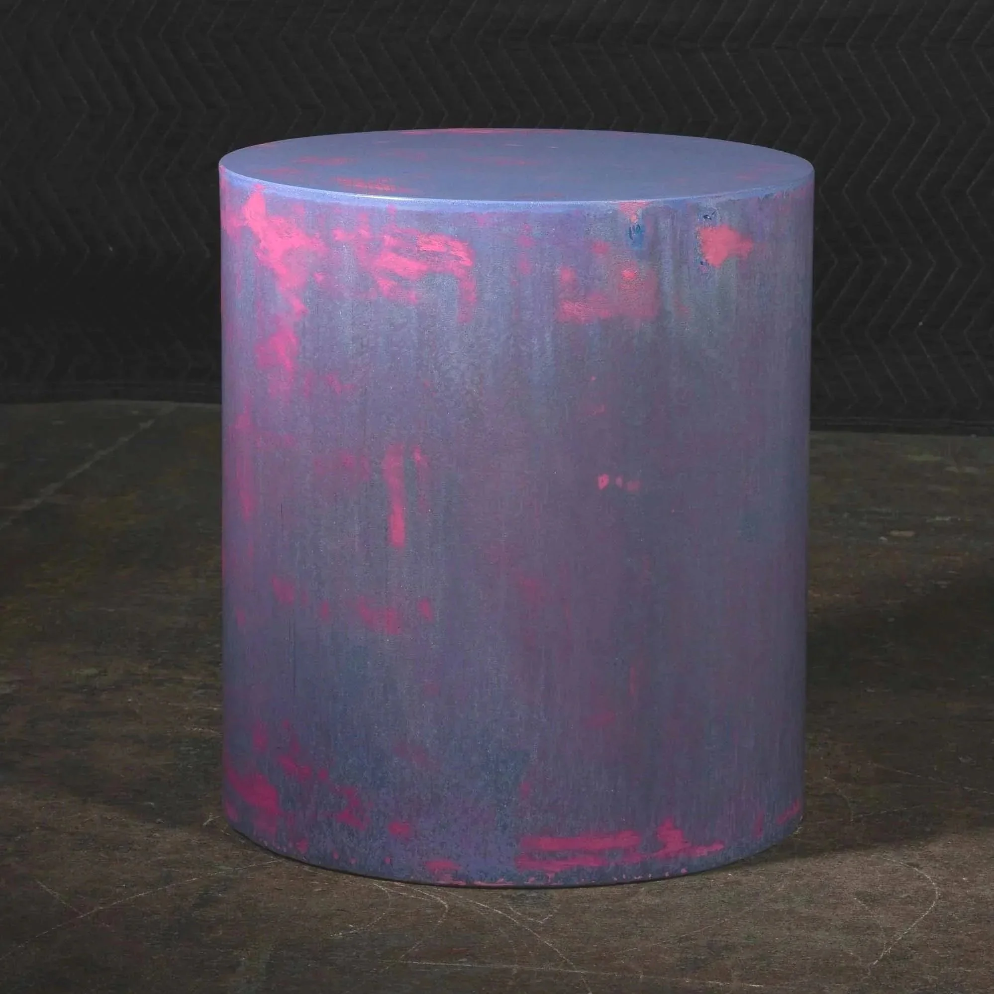 Concrete side table from line ZERO 018 series with layered violet pigment and luminous magenta mineral movement by Dylan Myers.