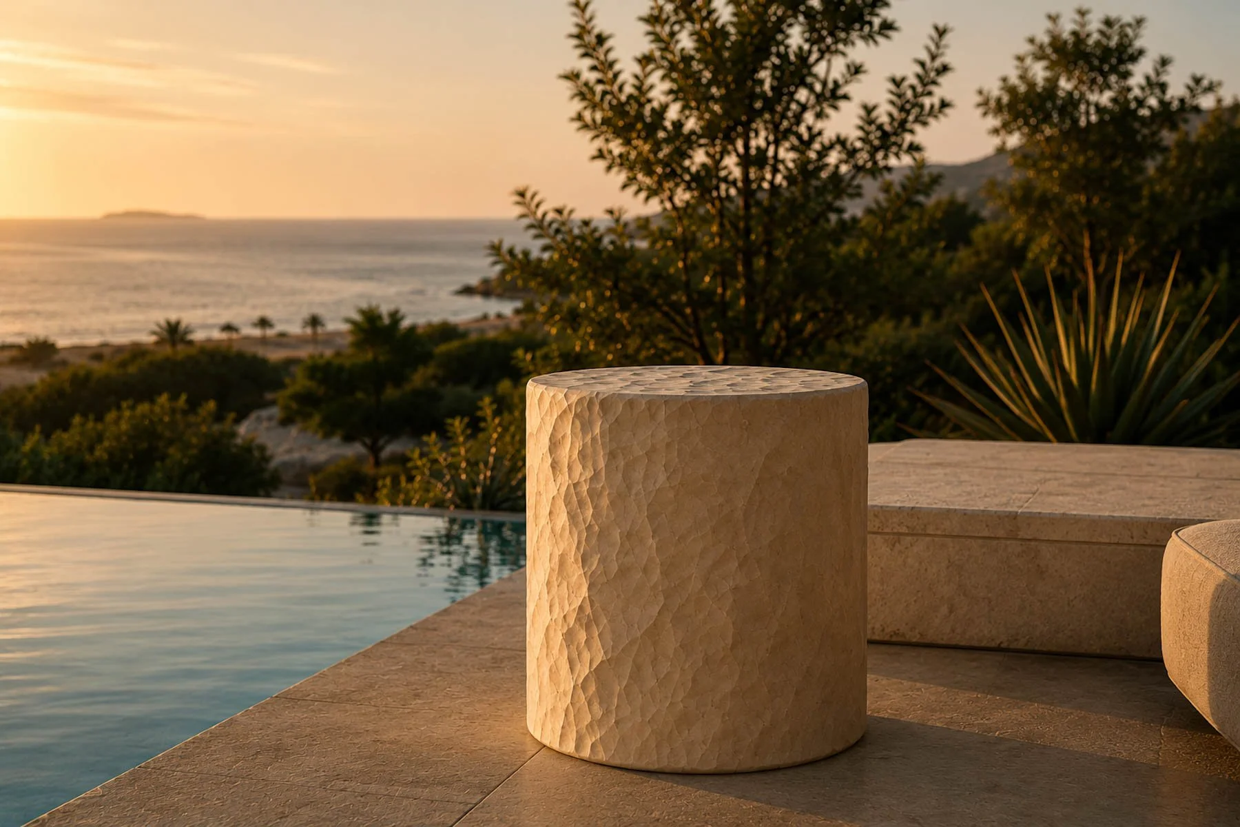 Paper wrapped concrete drum table shown in a luxury outdoor setting demonstrating customizable CONDITIONS by The Concrete Anomaly.