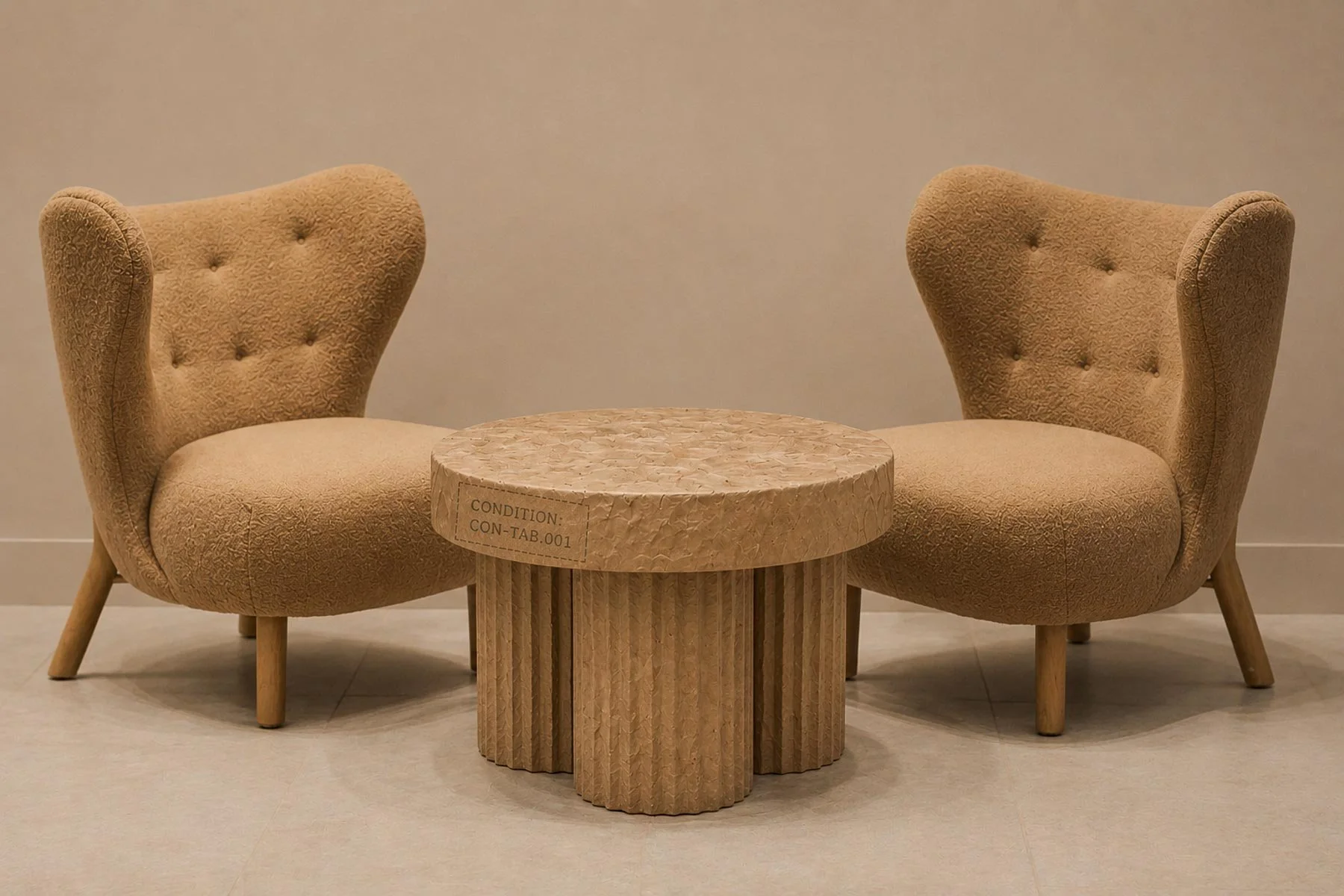 FLUTED TOBACCO concrete side table in CONDITION CON-TAB.001 positioned between lounge chairs in a hospitality setting by The Concrete Anomaly.