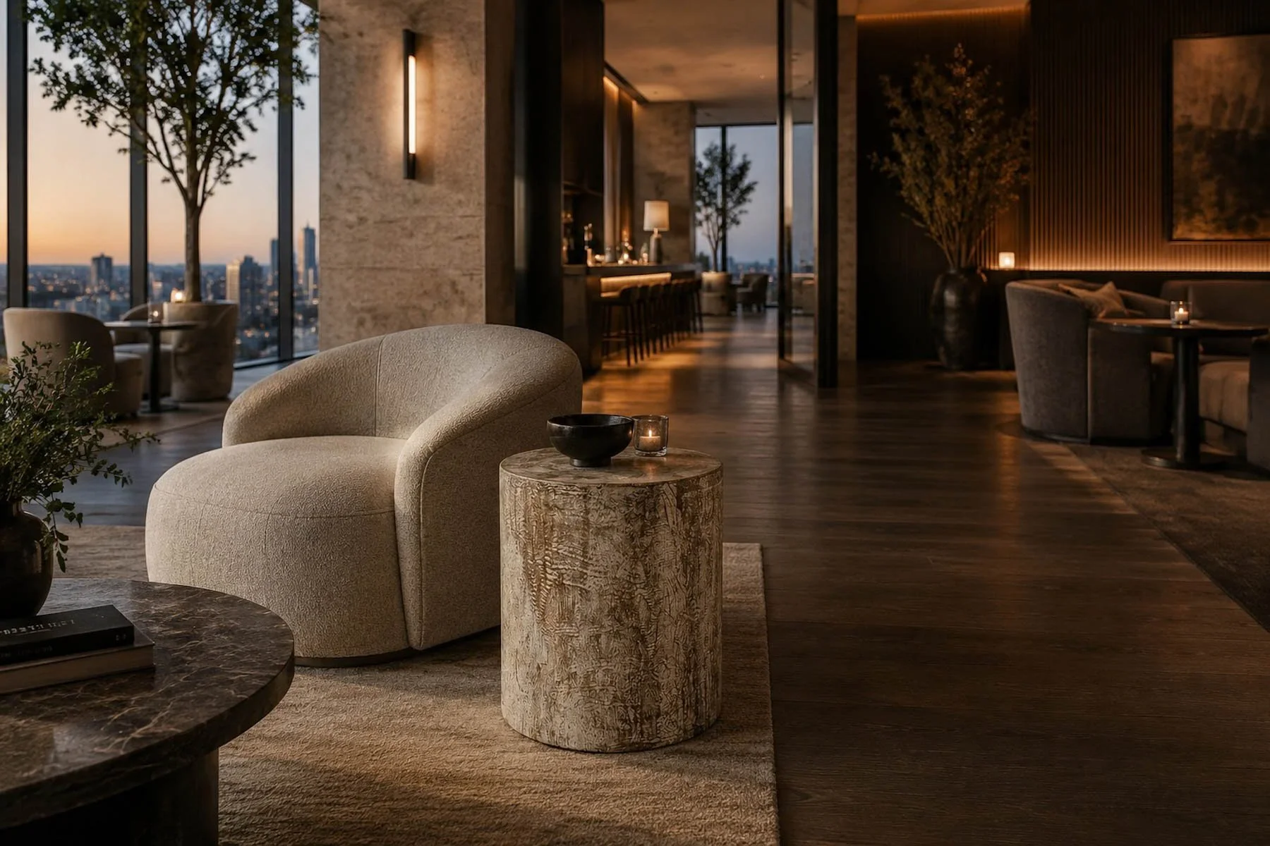 Concrete cylindrical side table with a fractured terrazzo condition positioned beside a leather lounge chair within a moody contemporary nightclub interior.