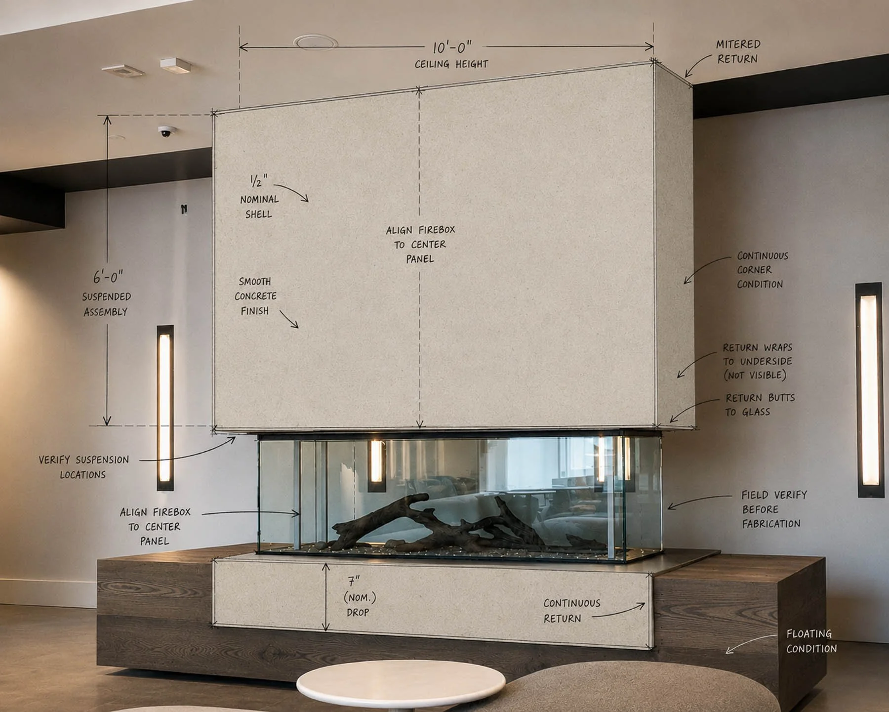 Architectural concrete fireplace paper wrapped development study showing dimensions, panel layout, corner continuity, and fabrication notes for a suspended concrete enclosure. action:wrapped