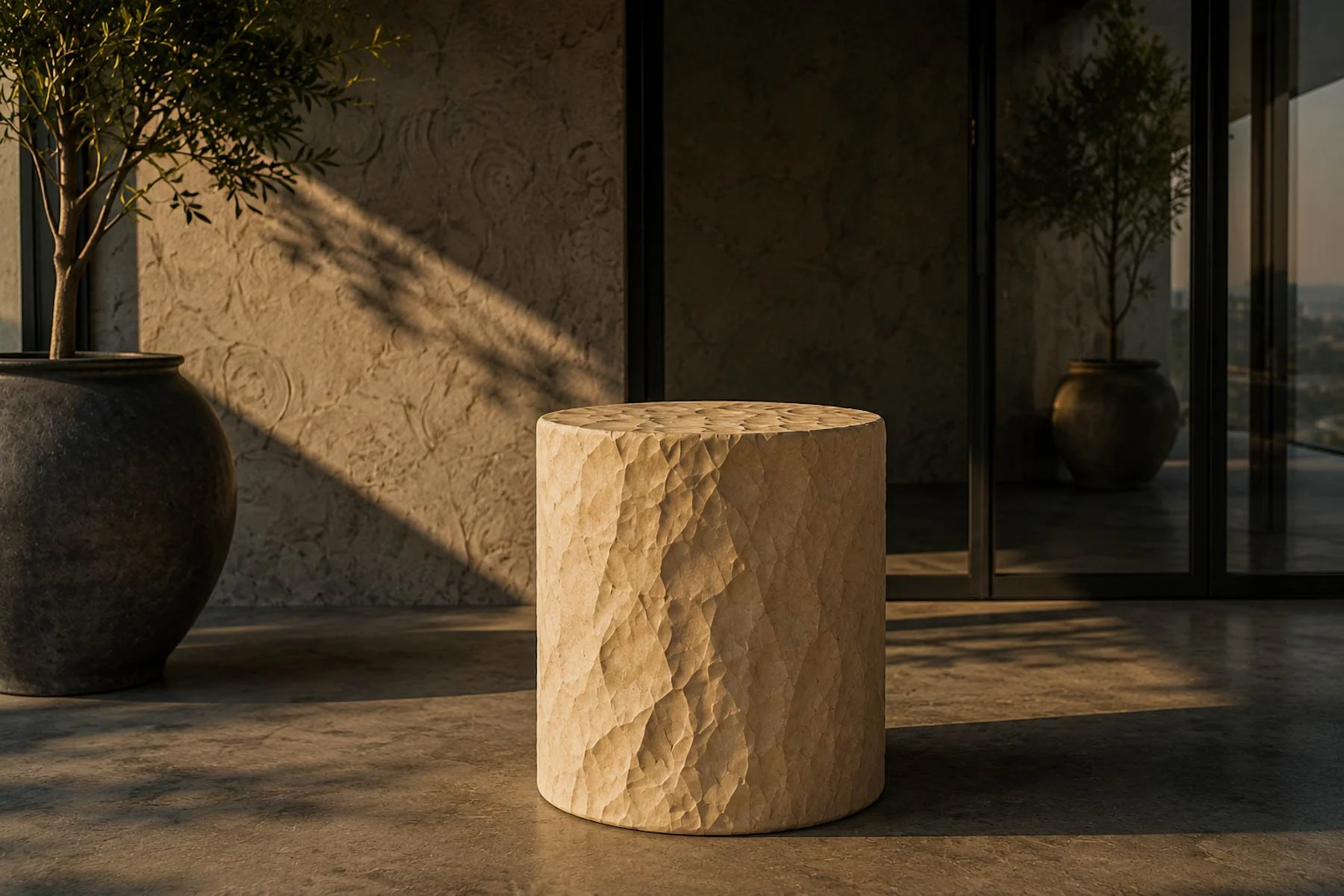 Paper-wrapped cylindrical side table positioned within a minimalist architectural interior illuminated by warm natural light.