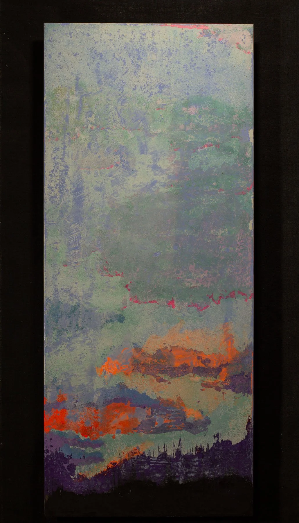 Atmospheric concrete artifact panel with layered pigment, mineral texture, and abstract horizon composition