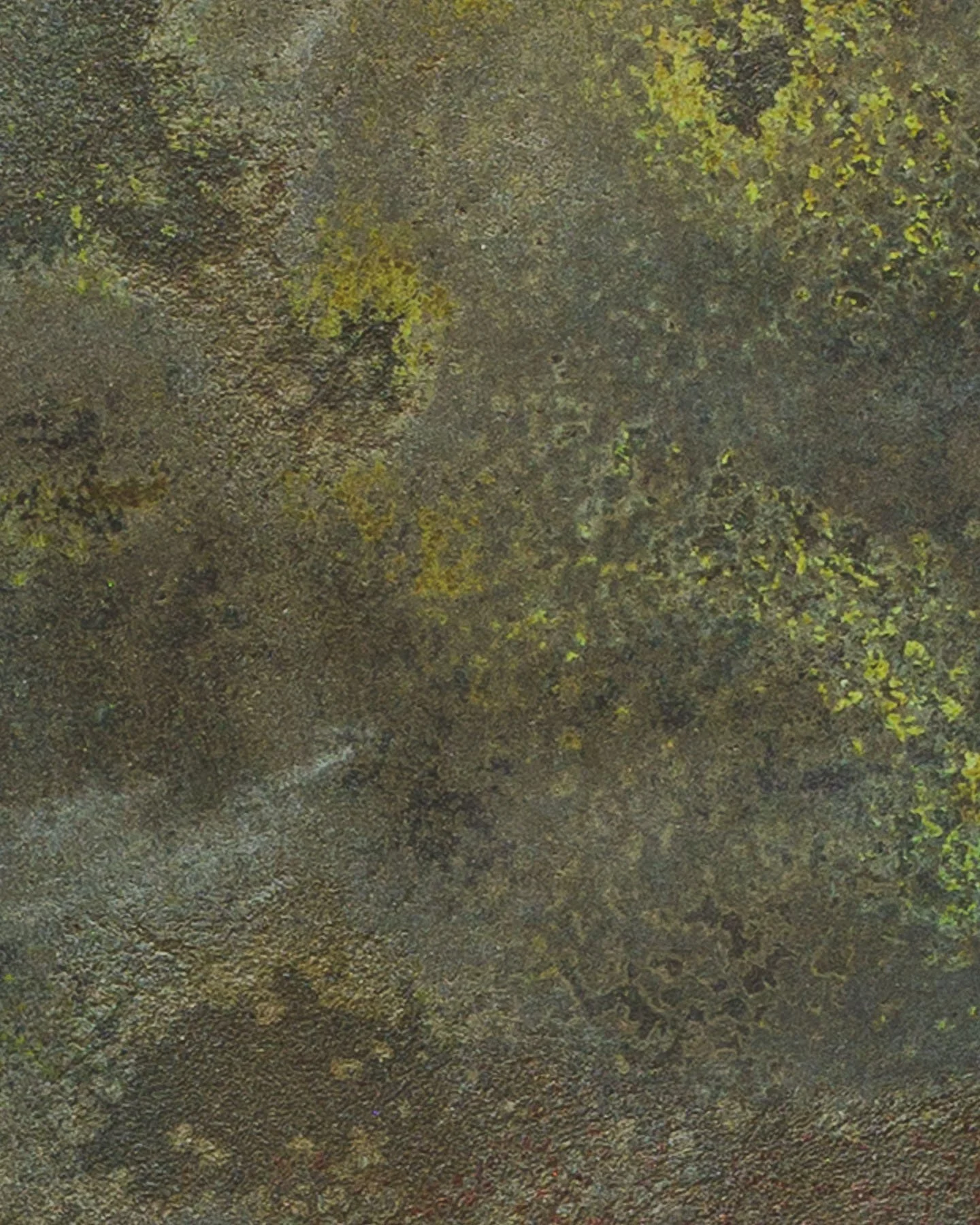 Oxidized concrete artifact detail with mineral bloom, layered pigment, and atmospheric surface texture
