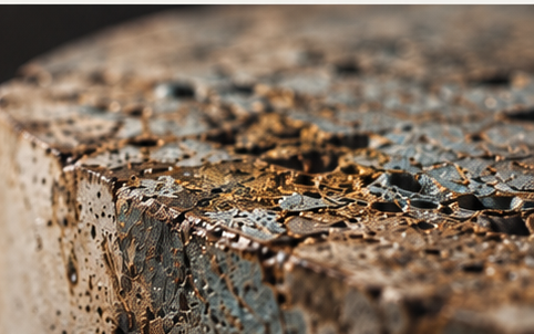 Conceptual close-up of a pitted concrete edge with brass-colored patina and turquoise mineral texture.