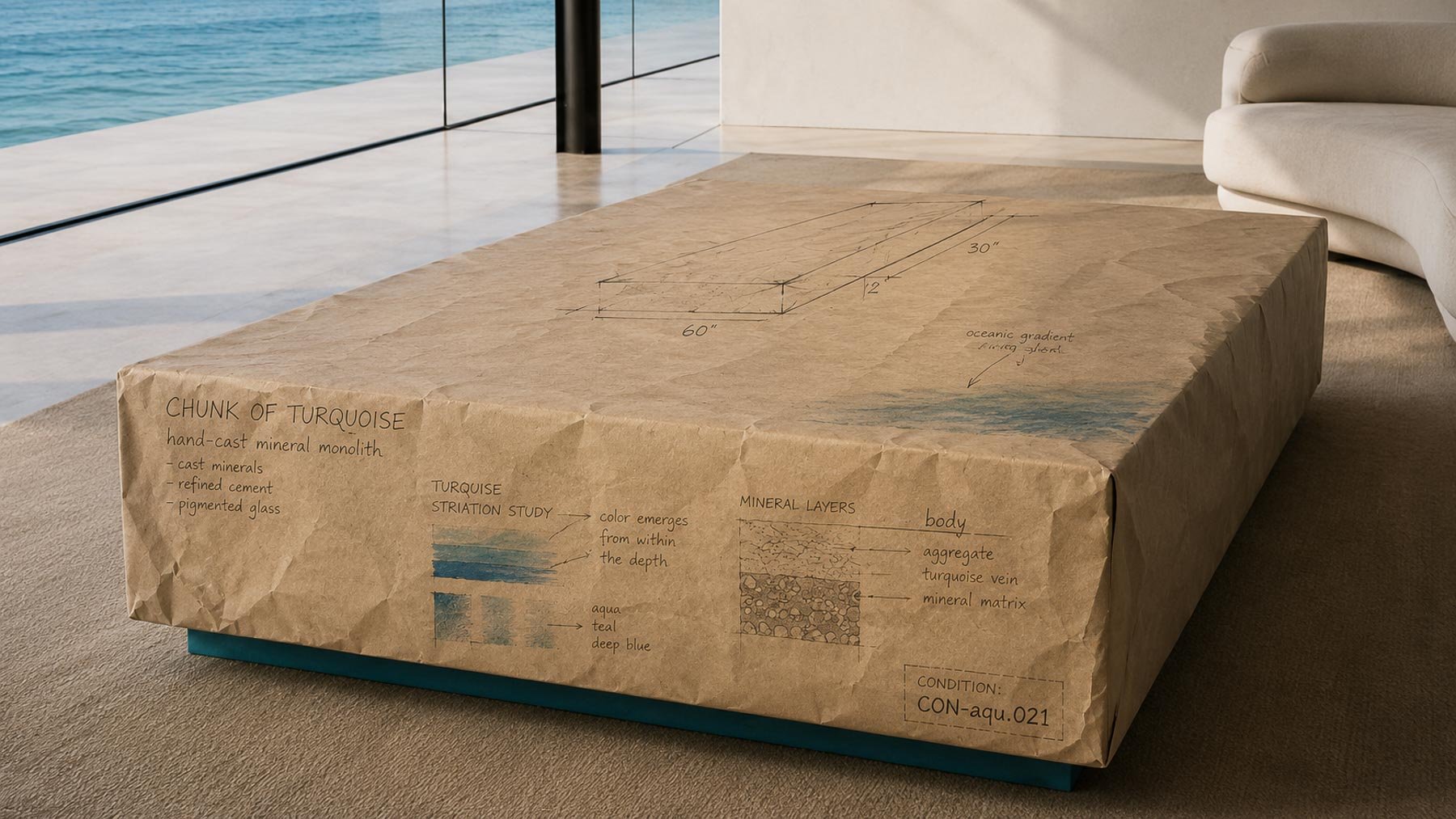 Paper-wrapped Chunk of Turquoise concrete table presented within a curated interior setting, featuring development markings, dimensional studies, and unresolved condition exploration.