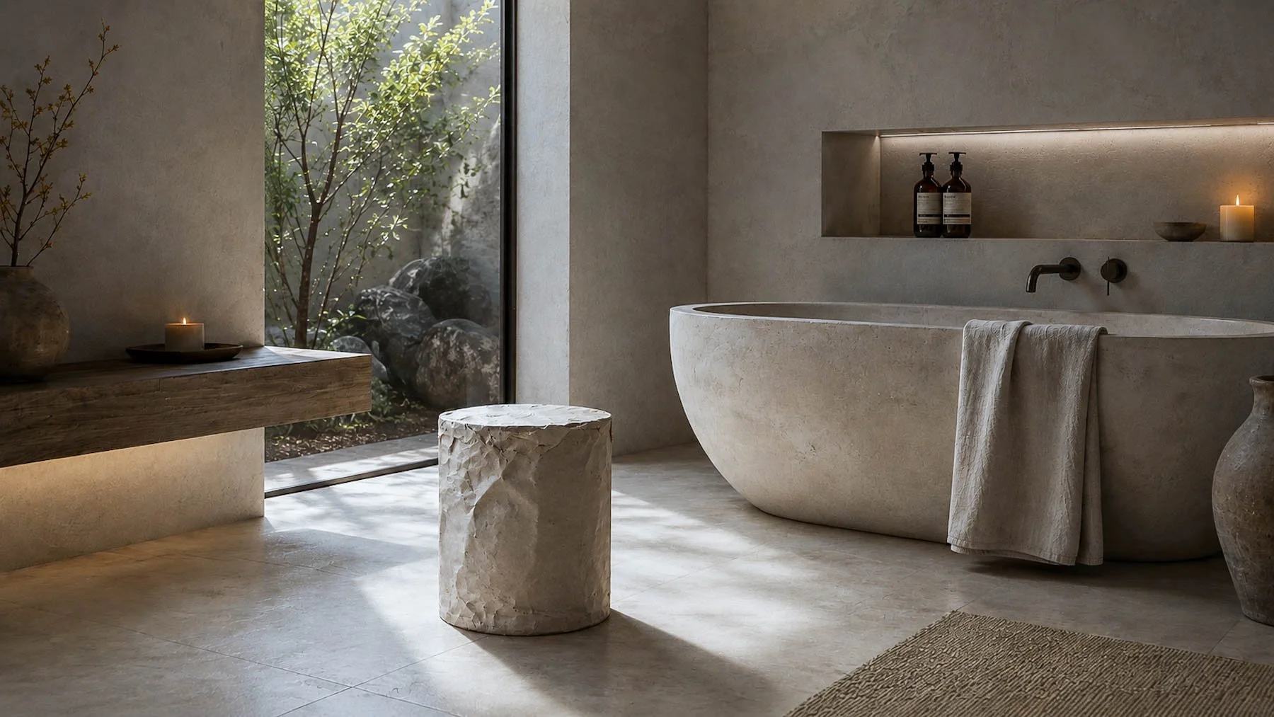 Paper wrapped concrete drum displayed beside a freestanding soaking tub in a minimalist spa interior, illustrating conceptual development within The Concrete Anomaly program. action:wrapped