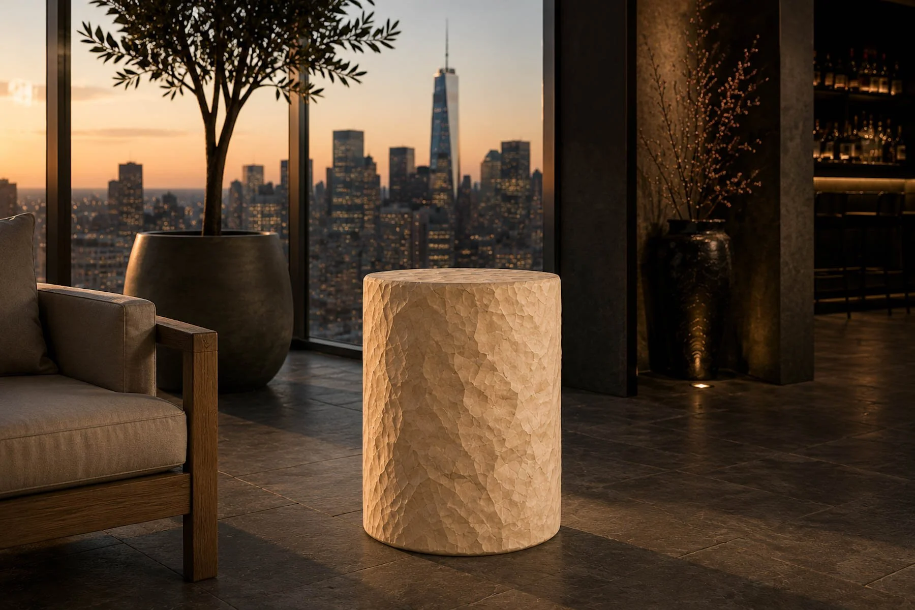 Paper wrapped concrete drum table in a luxury interior illustrating site-specific CONDITIONS developed through The Concrete Anomaly.
