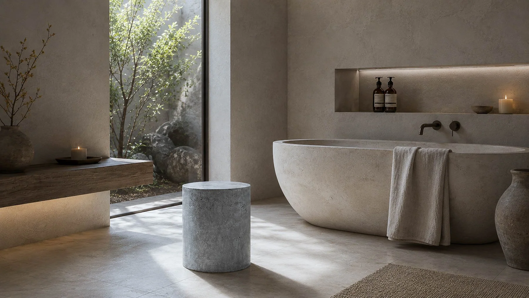Concrete side table featuring the RAW condition positioned beside a freestanding soaking tub within a luxury spa-inspired bathroom.