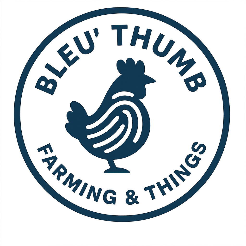 Logo featuring a stylized chicken inside a circular border with the text "BLEU THUMB FARMING & THINGS."