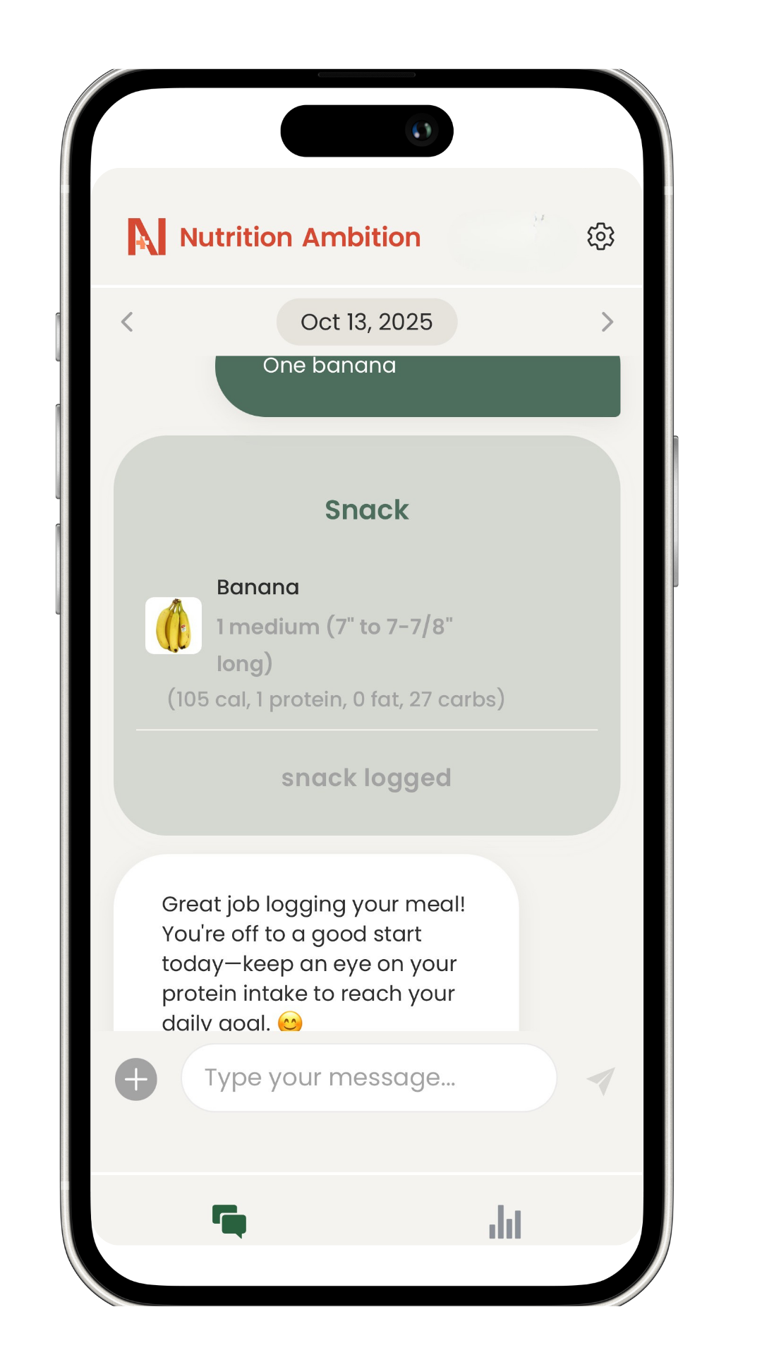 Smartphone screen displaying a nutrition app (Nutrition Ambition) with a log entry for one banana snack, including details about the banana's size and nutritional content, and a motivational message.