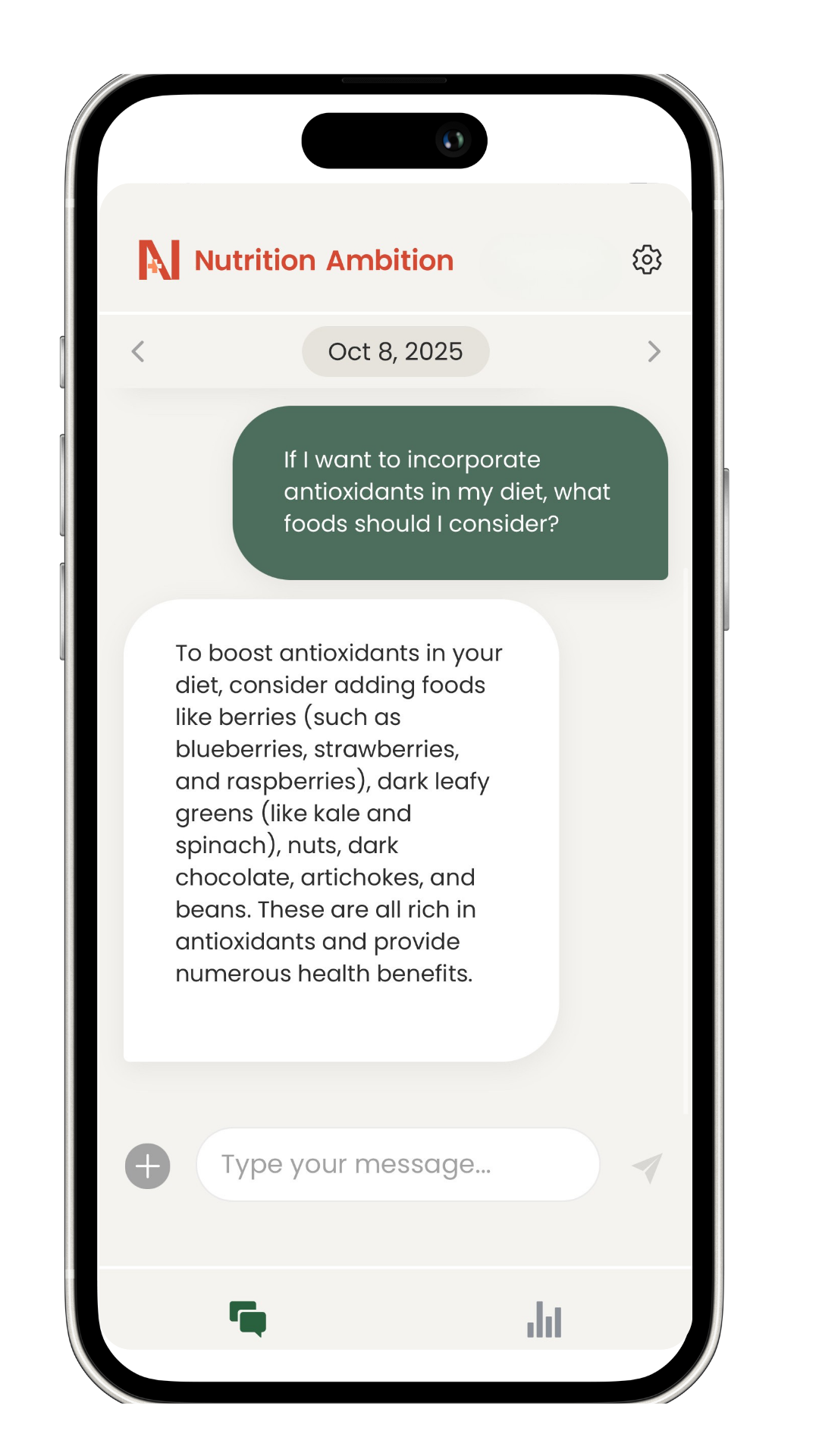 A smartphone screen showing a chat conversation with Nutrition Ambition for guidance on foods rich in antioxidants such as berries, dark leafy greens, nuts, dark chocolate, artichokes, and beans, with the date October 8, 2025.