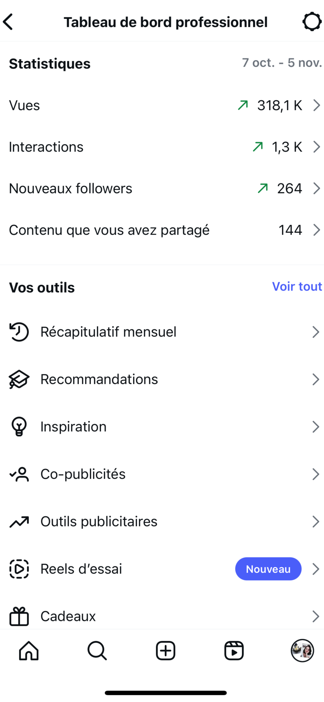 Capture d'écran d'une interface d'application de gestion de compte professionnel avec des statistiques, des outils et des options de menu.