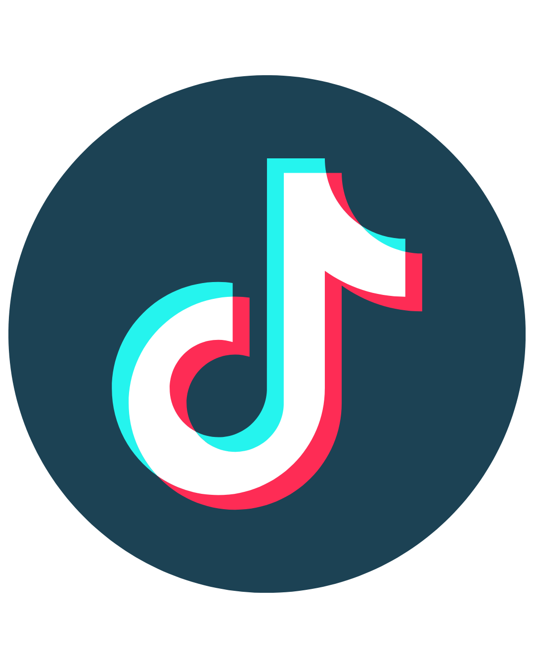 TikTok logo icon featuring a stylized white musical note with cyan and pink outlines on a dark blue circular background.