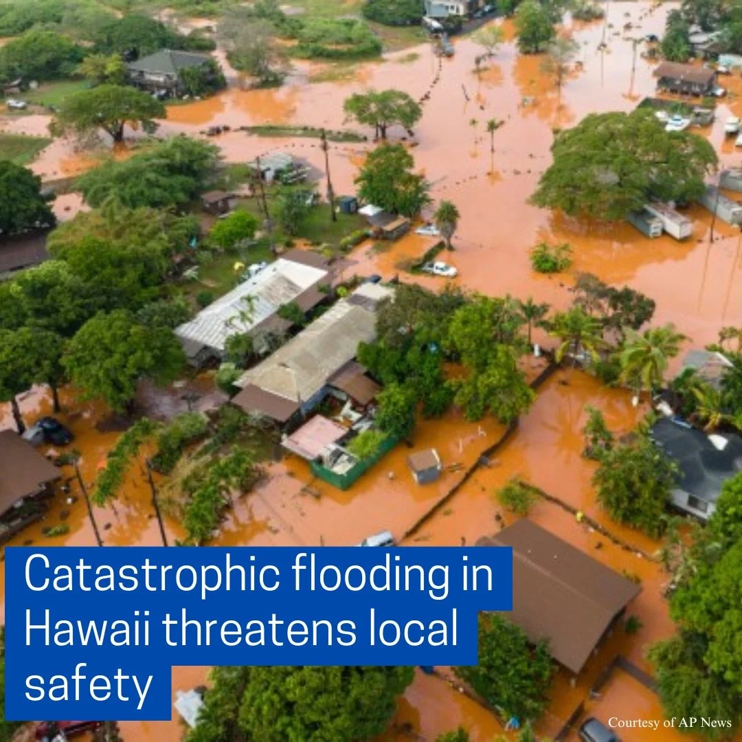 Hawaii officials urged evacuations after the state experienced its worst flooding in over 20 years, caused by heavy rains on already saturated ground. 

Floodwaters covered large areas of Oahu&rsquo;s North Shore, lifting homes and cars and forcing a