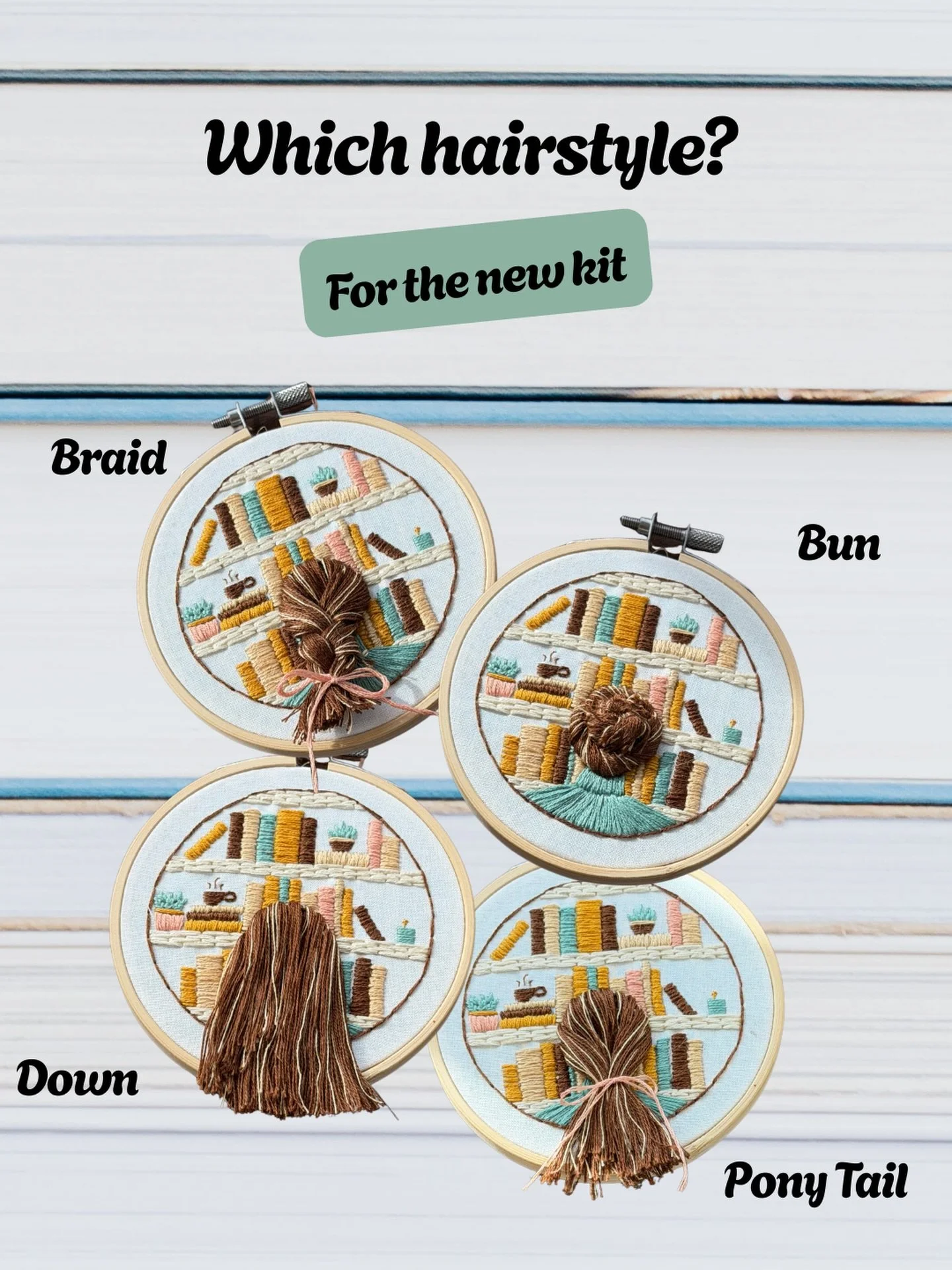 New beginner-level embroidery kit is almost done! Just need to decide on which hairstyle she&rsquo;s getting. Help meee and vote! Which is your favorite? 

#needleandspruce #handembroidery #embroiderykit #beginnerembroidery #embroideryhair