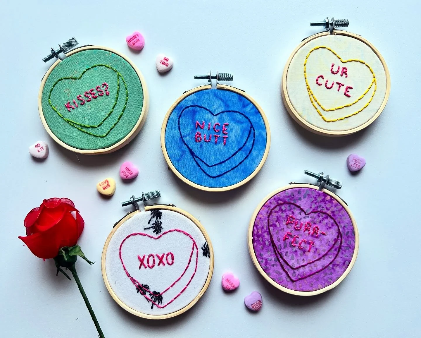 From the archives! 💚💙💛🤍💜 Conversation hearts kits were so sweet and fun to come up with. Happy Valentine&rsquo;s Day 💕

#needleandspruce #valentinescrafts #handembroidery #embroiderykit