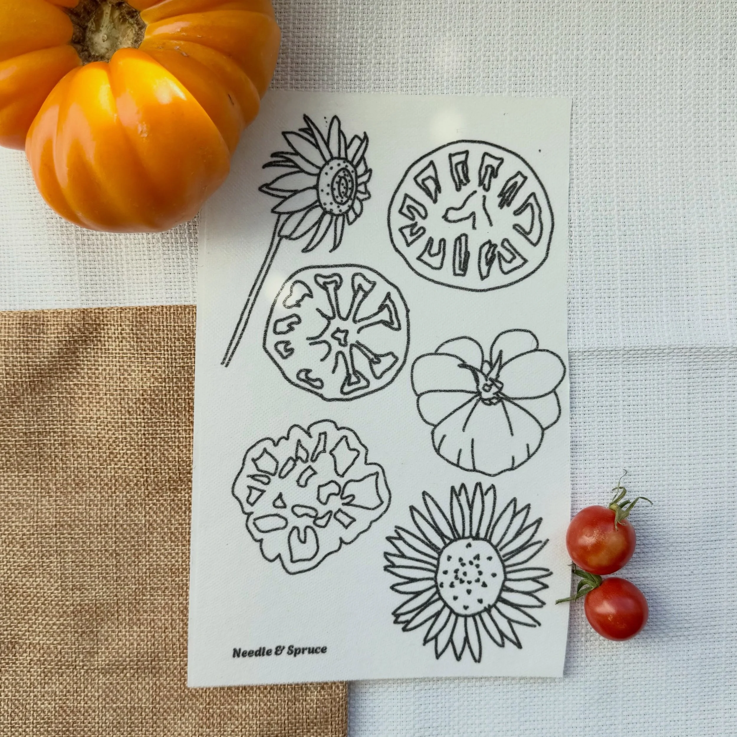 Late Harvest Embroidery Sticker Pack now available! Inspo plucked straight from the garden. 

Cut out and peel the backing off your chosen design, stick it onto your fabric, stitch directly through it, then rinse with water &mdash; the sticker dissol
