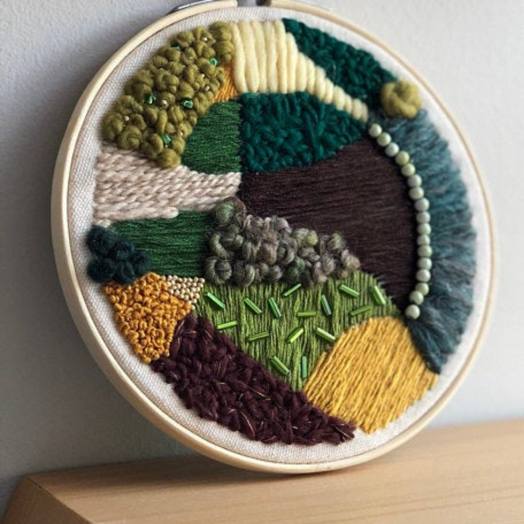  Contemporary Abstract Commission   
An earthy, unique mixed-media piece using yarn, thread, and beads.