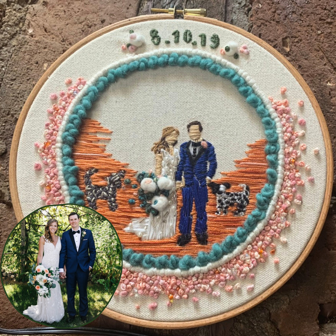  Anniversary Gift   
A mixed-media wedding anniversary gift for the couple including their dogs and the wedding date, using thread, yarn, beads, and rope.