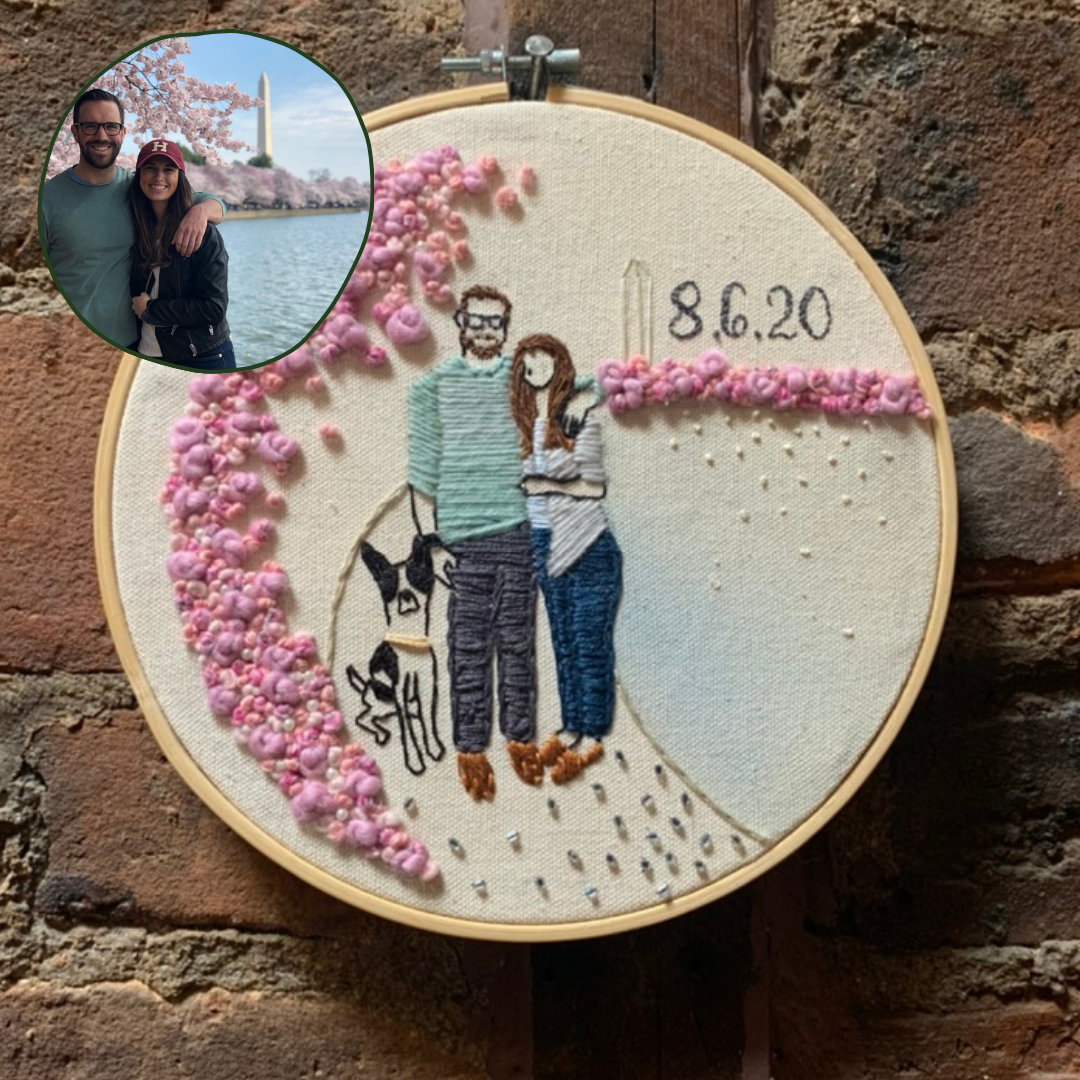  Custom Wedding Gift   
A mixed media portrait of the couple along with their dog and the wedding date, using watercolor, thread, yarn, and beads.