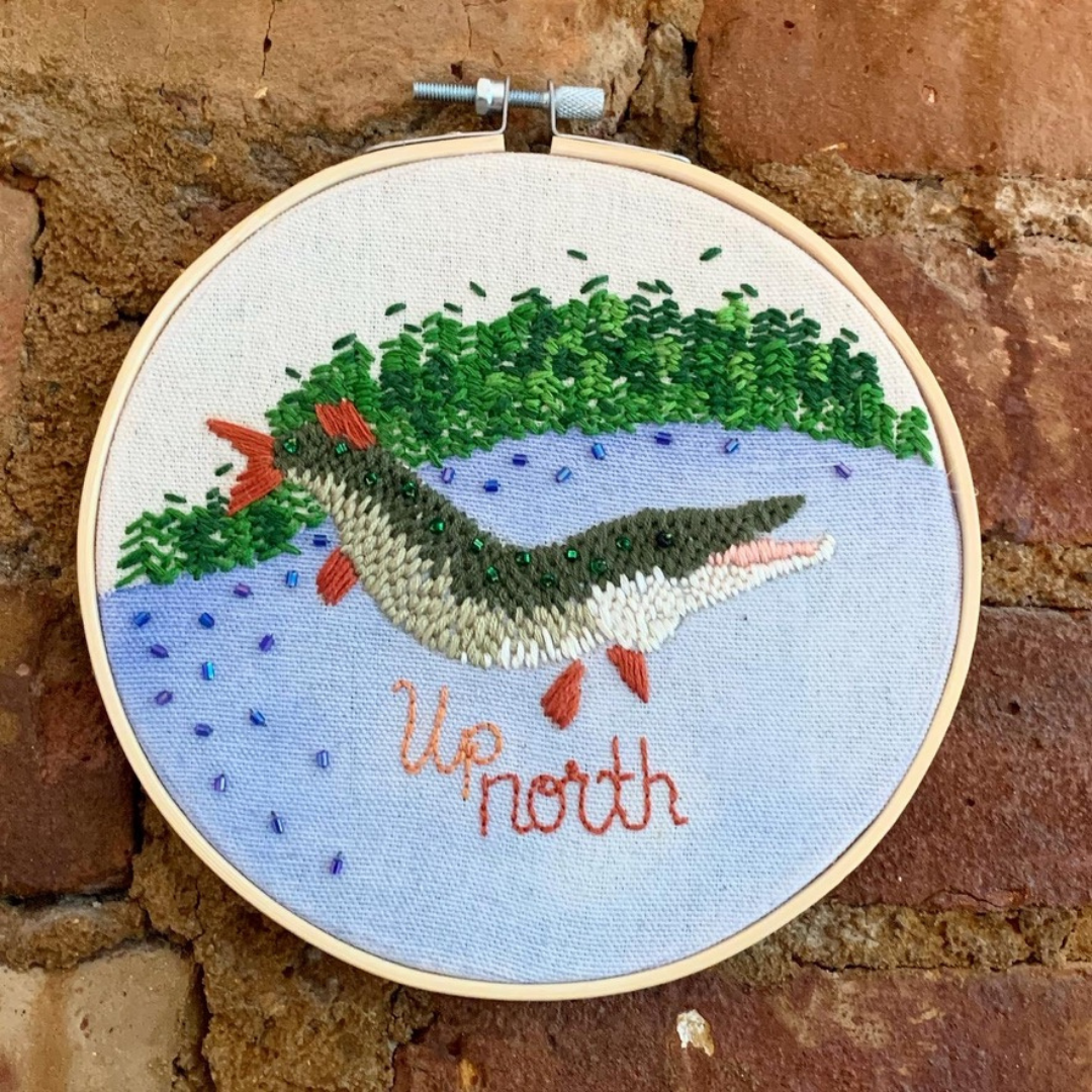  Cabin Decoration   
A custom "Up North" muskie contemporary embroidery piece, made with watercolor, thread, and beads.