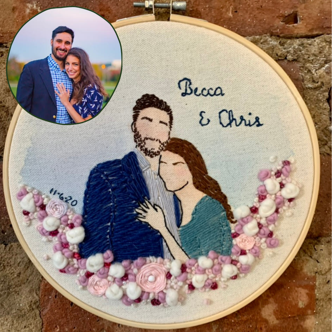  Engagement Photo Recreation   
A mixed-media wedding gift for the couple including their names, using watercolor, thread, yarn, and beads.