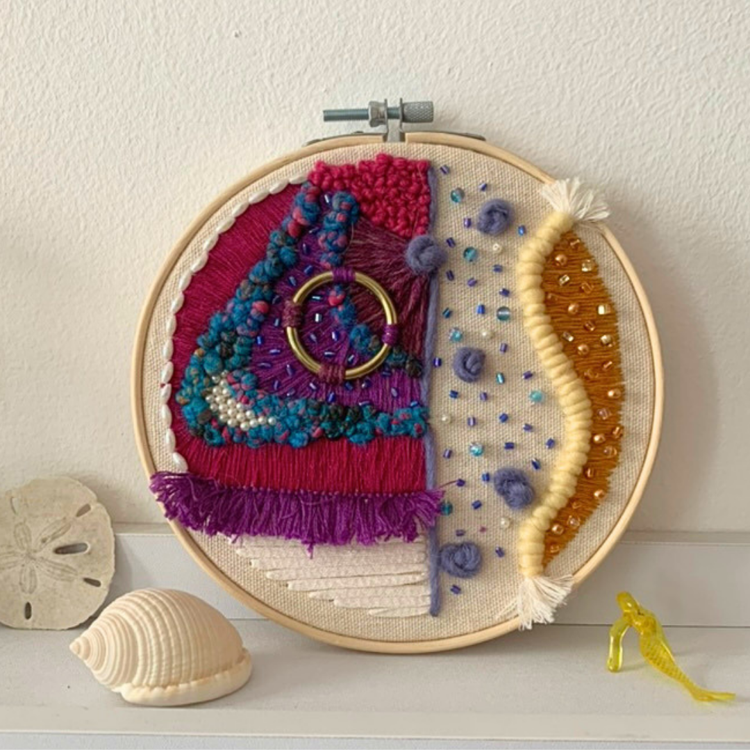  Contemporary Abstract Piece   
A playful, unique mixed-media piece using yarn, thread, beads, metal, and rope. 