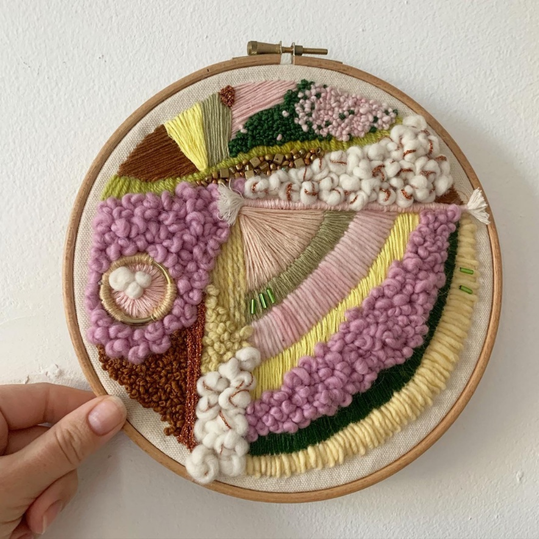  Contemporary Abstract Piece   
A 10-inch, one-of-a-kind contemporary embroidery piece, using yarn, thread, beads, metal, and rope. 