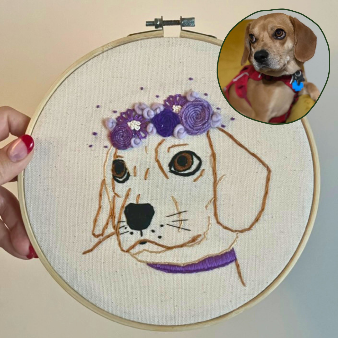  Pet Portrait   
A birthday gift, featuring a linework portrait of her dog with added flower crown, made with thread and yarn.