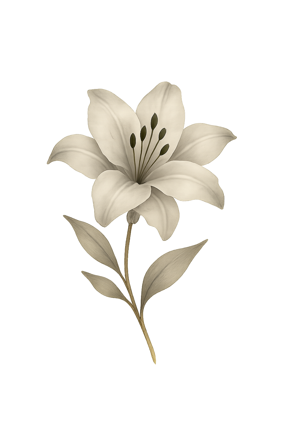 A cream-colored lily flower with six petals and six stamens, along with green leaves.