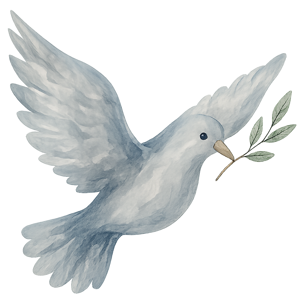 Watercolor illustration of a white dove flying with an olive branch in its beak.