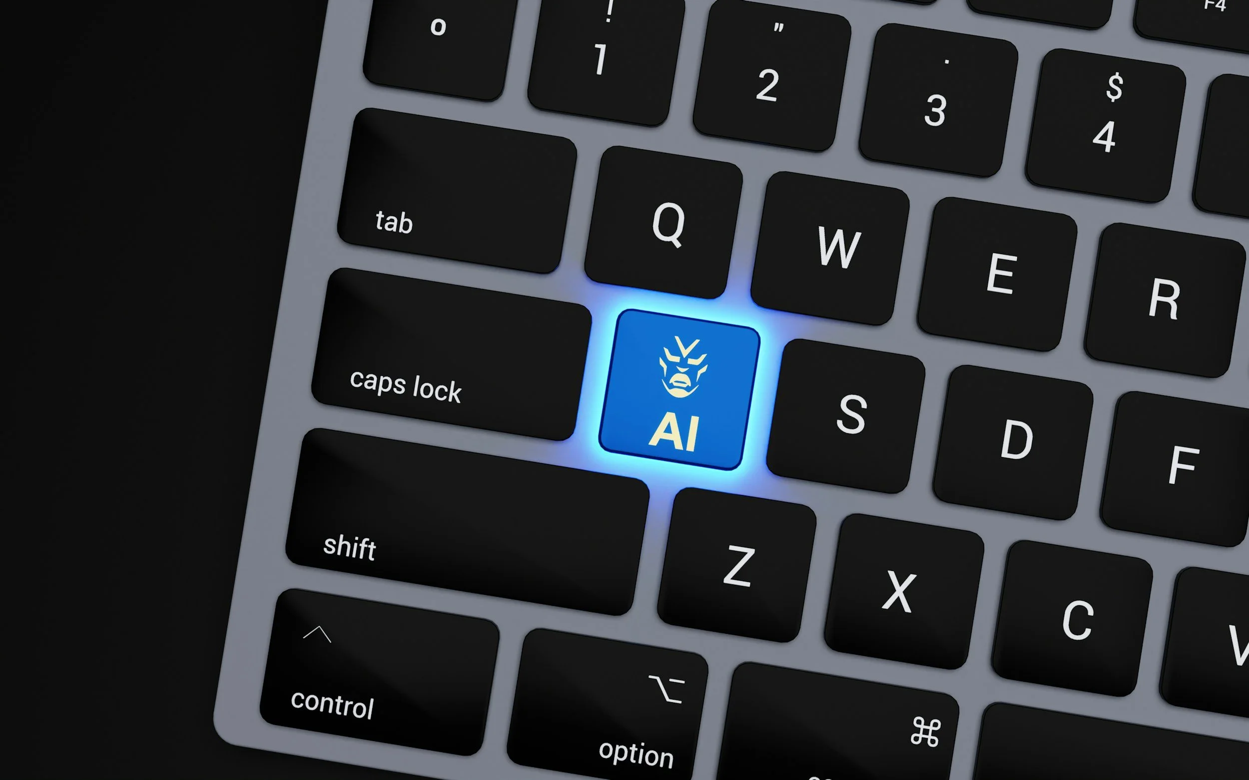 Close-up of a computer keyboard with a glowing blue 'AI' key featuring a lion face icon, surrounded by black keys with white lettering.