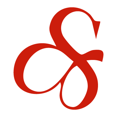 A stylized red ampersand symbol on a black background.