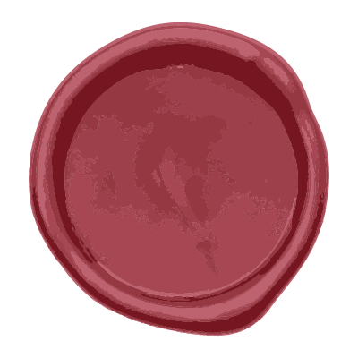 Close-up of a red wax seal with a smooth surface and a slightly irregular edge.