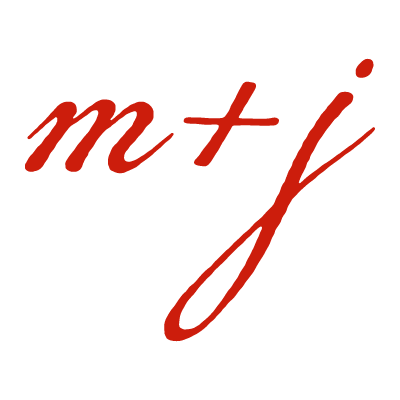 Stylized cursive text with red letters 'm + j' on a black background.