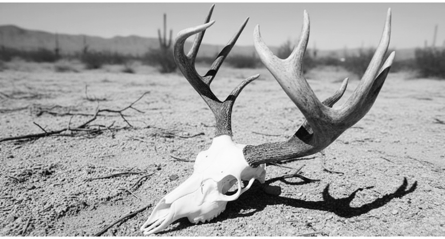 Deer skull with large antlers lying on desert ground with cacti in background in black-and-white