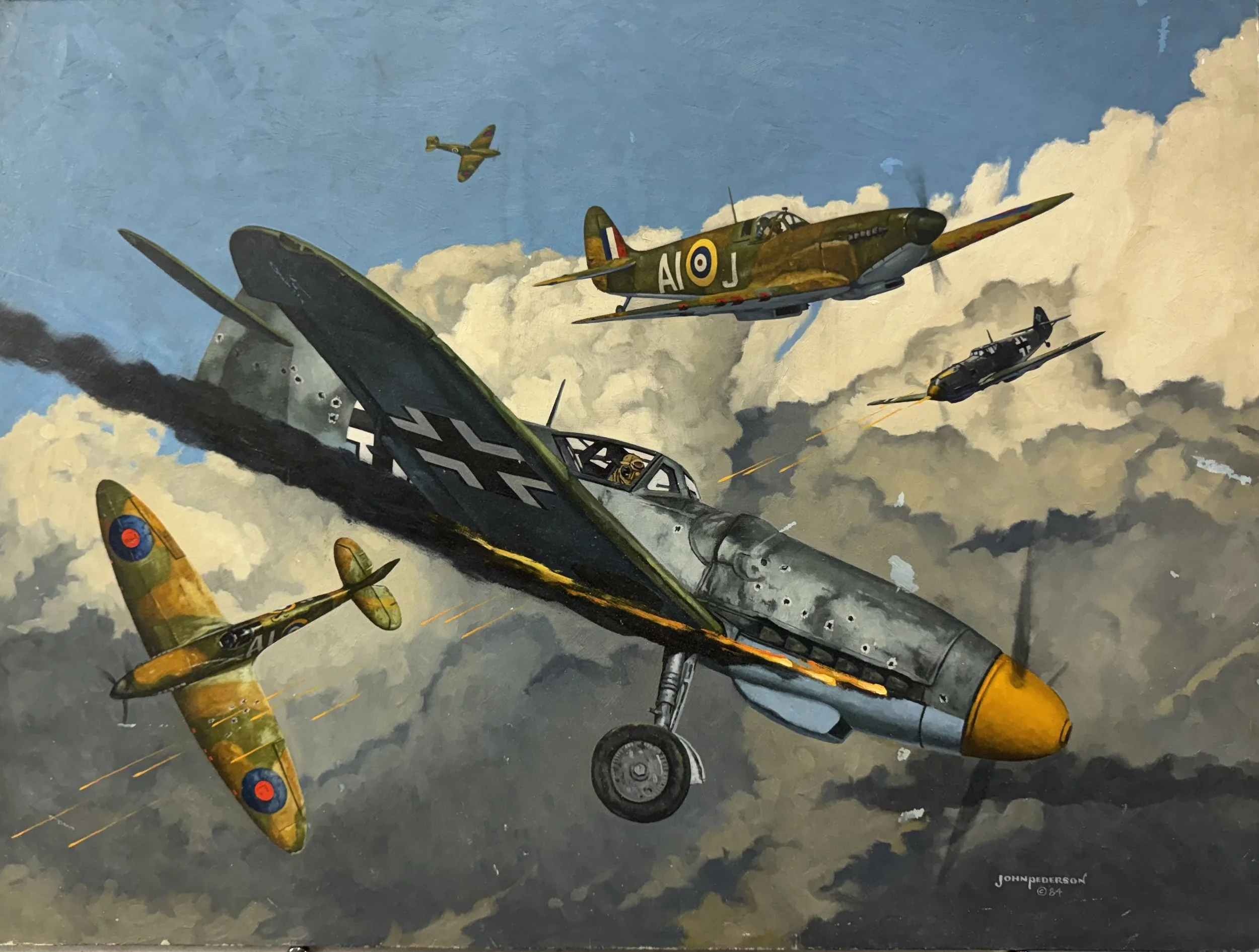 A WWII aerial combat scene with multiple fighter planes, including a large gray aircraft with a yellow nose and black cross insignia, surrounded by yellow and green planes with roundel markings, flying through stormy clouds, some planes firing missiles.