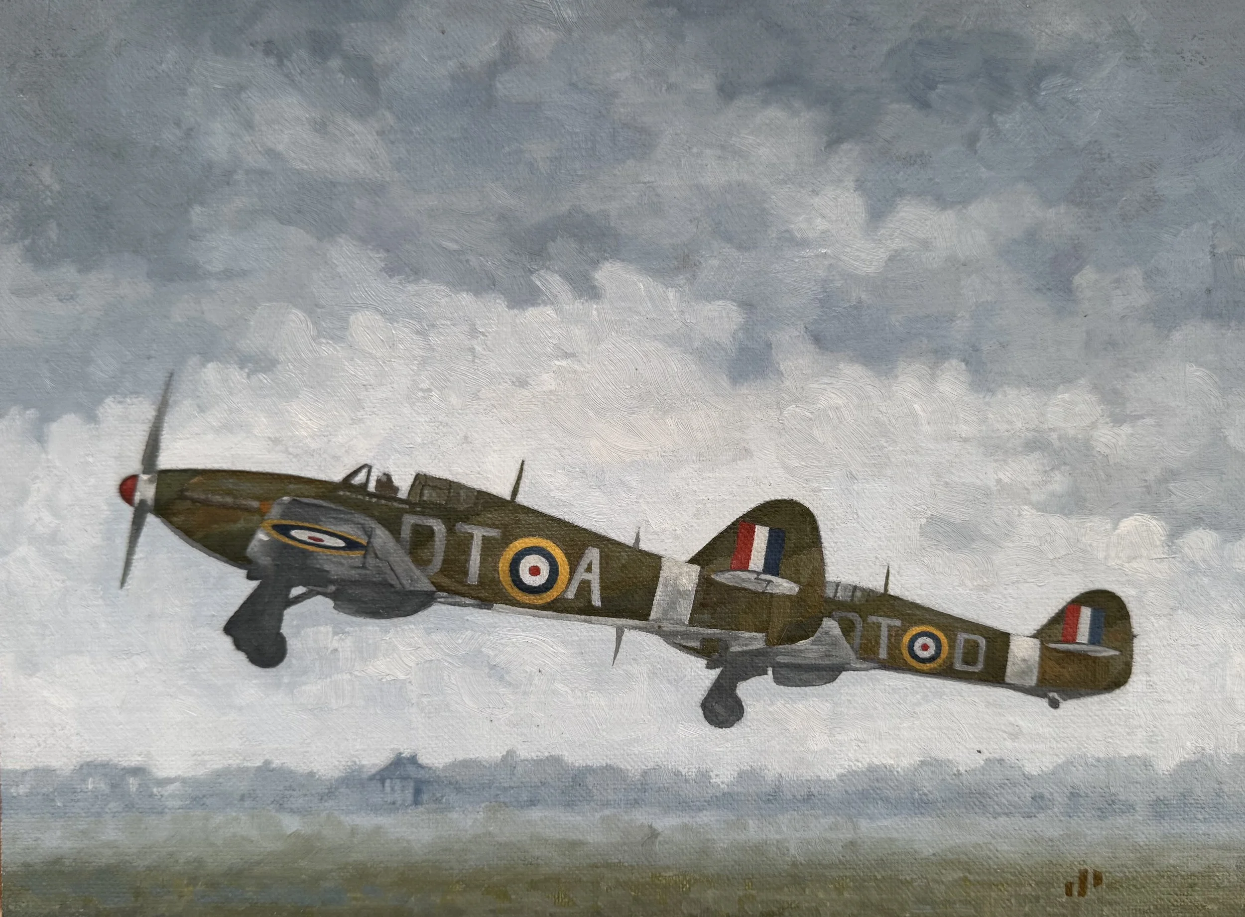 Painting of a vintage World War II German aircraft flying in cloudy skies above a landscape.