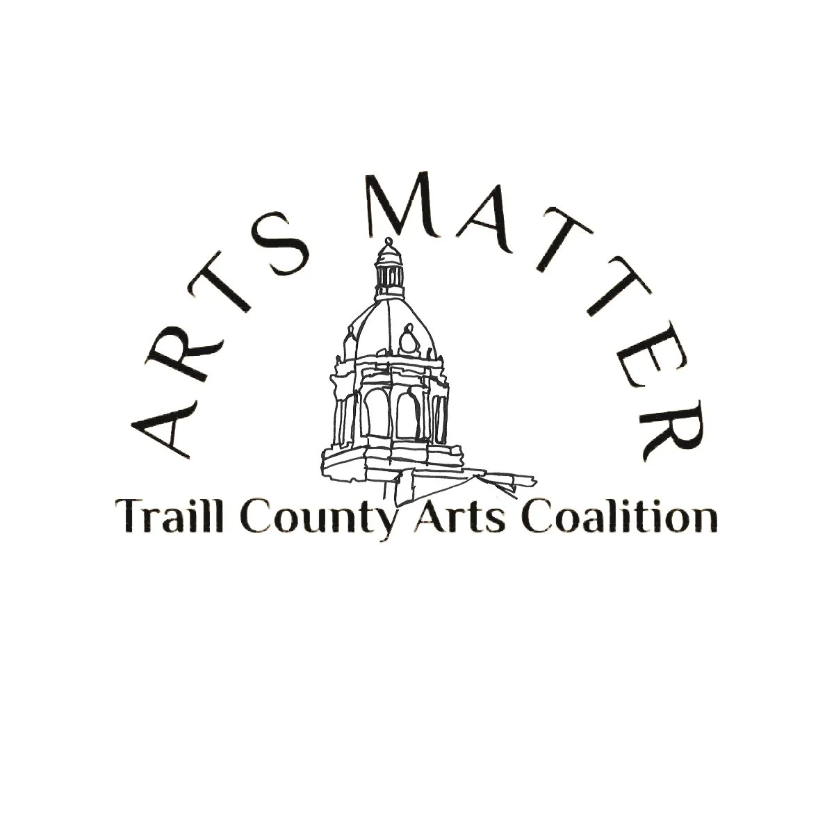 Logo of TCAC, featuring a line drawing of a domed building and the text 'ARTS MATTER' curved above, with 'Trail County Arts Coalition' below.